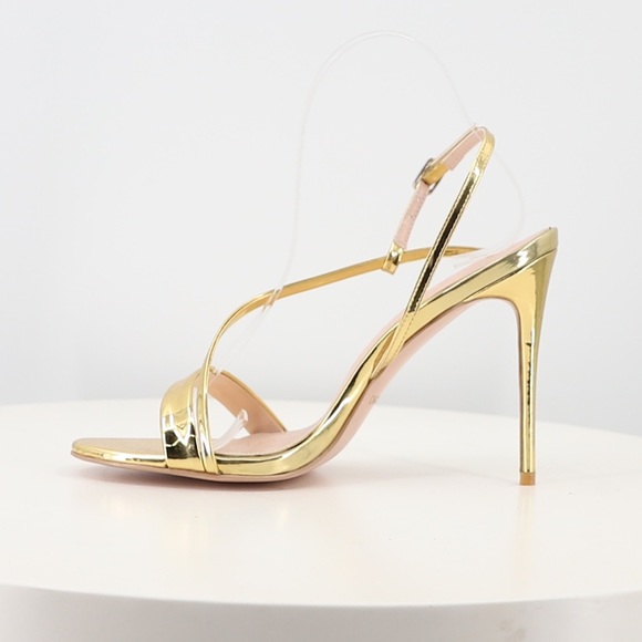 Women’s Barely There High Heel Stiletto Sandals in Metallic Gold Faux Leather - Picture 7 of 16